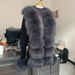 HU QIU MEI SI Women Real Fox Fur Knitted Cardigan Woolen Sweater with Real Fox Fur Collar and Raccoon Fur Collar Cardigan
