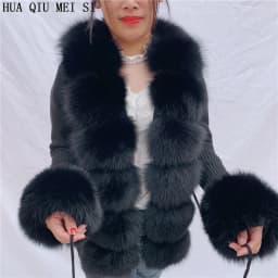 HU QIU MEI SI Women Real Fox Fur Knitted Cardigan Woolen Sweater with Real Fox Fur Collar and Raccoon Fur Collar Cardigan