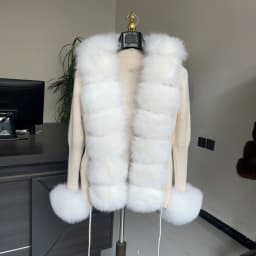 HU QIU MEI SI Women Real Fox Fur Knitted Cardigan Woolen Sweater with Real Fox Fur Collar and Raccoon Fur Collar Cardigan