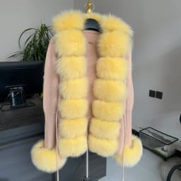 HU QIU MEI SI Women Real Fox Fur Knitted Cardigan Woolen Sweater with Real Fox Fur Collar and Raccoon Fur Collar Cardigan