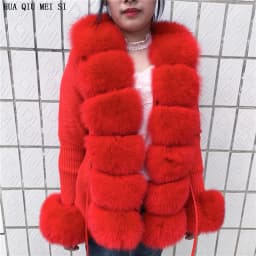HU QIU MEI SI Women Real Fox Fur Knitted Cardigan Woolen Sweater with Real Fox Fur Collar and Raccoon Fur Collar Cardigan