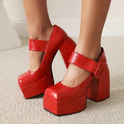Embossed Checkered Stone Pattern High-Heel Platform Women's Shoes With Green Square Toe And Metal Buckle Platform Shoes