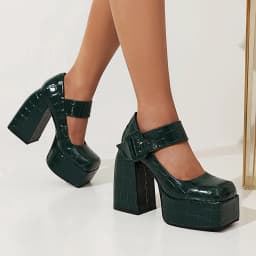 Embossed Checkered Stone Pattern High-Heel Platform Women's Shoes With Green Square Toe And Metal Buckle Platform Shoes