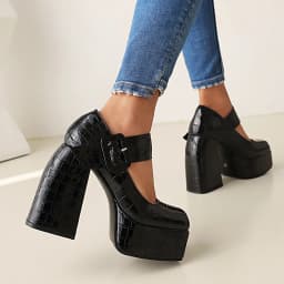 Embossed Checkered Stone Pattern High-Heel Platform Women's Shoes With Green Square Toe And Metal Buckle Platform Shoes