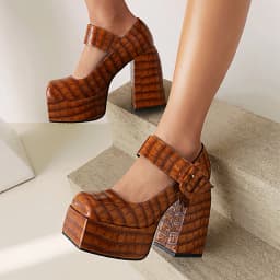 Embossed Checkered Stone Pattern High-Heel Platform Women's Shoes With Green Square Toe And Metal Buckle Platform Shoes