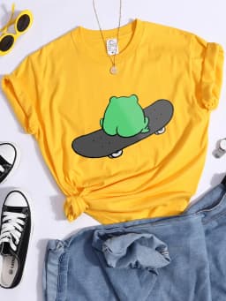 Frog On Skateboard Back View Metal T Shirt Women Summer Casual Tshirt Fashion Street Crop Top Hip Hop Personality Tshirt Womens