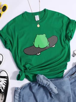 Frog On Skateboard Back View Metal T Shirt Women Summer Casual Tshirt Fashion Street Crop Top Hip Hop Personality Tshirt Womens