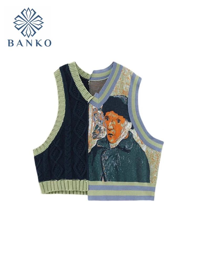 Women's Sweater Vest Sleeveless V neck jumper Print Spring Vintage Irregular Patchwork Crop Tops Loose Knitwear 2022 New Female