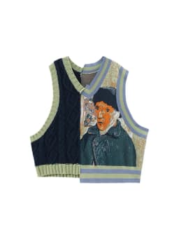 Women's Sweater Vest Sleeveless V neck jumper Print Spring Vintage Irregular Patchwork Crop Tops Loose Knitwear 2022 New Female