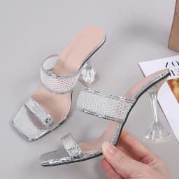 Size 45 46 Elegant Square Toe Transparent Spike Heels Pumps Mesh Slippers Summer Women Gold Sandals Fashion Mules Party Shoe