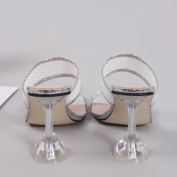 Size 45 46 Elegant Square Toe Transparent Spike Heels Pumps Mesh Slippers Summer Women Gold Sandals Fashion Mules Party Shoe