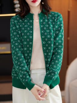 Women 100% Cotton Color Block Jacquard Sweater O-neck Cardigan Autumn Winter Top New Outerwear Knit Zipper Warm Jacket
