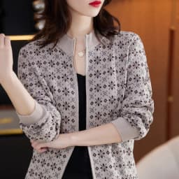 Women 100% Cotton Color Block Jacquard Sweater O-neck Cardigan Autumn Winter Top New Outerwear Knit Zipper Warm Jacket