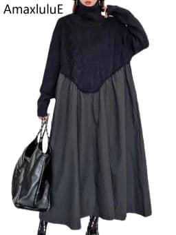 Amax luluE 2024 Winter Women Fashion Loose Knitted Turtleneck Casual Dresses Ladies Luxury Elegant Vintage Cotton Black Vestidos