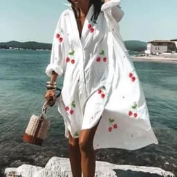 Spring Summer Women Loose Shirt Dress Casual Long Sleeve Printed V Neck Beach Shirt Dresses