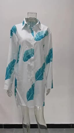 Spring Summer Women Loose Shirt Dress Casual Long Sleeve Printed V Neck Beach Shirt Dresses