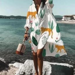 Spring Summer Women Loose Shirt Dress Casual Long Sleeve Printed V Neck Beach Shirt Dresses