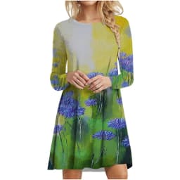 Tie Dye Gradient Print Dress Women Plant Flowers Long Sleeve Loose Dress Autumn Winter Casual Oversized Clothing Female Vestidos