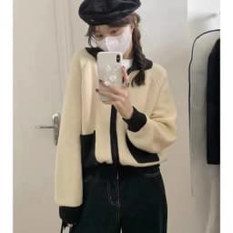 Fashion versatile lapel zipper short cashmere cardigan women's fall/winter patchwork sweater sweater loose wool coat