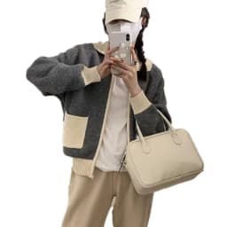 Fashion versatile lapel zipper short cashmere cardigan women's fall/winter patchwork sweater sweater loose wool coat