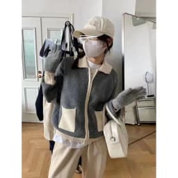 Fashion versatile lapel zipper short cashmere cardigan women's fall/winter patchwork sweater sweater loose wool coat