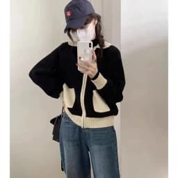 Fashion versatile lapel zipper short cashmere cardigan women's fall/winter patchwork sweater sweater loose wool coat