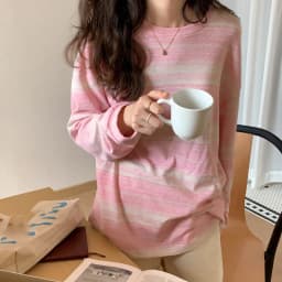 Stripe Pink Cotton Long Sleeve T-shirt Girl's Oversize Shirt Spring and Autumn 2022 New Design Loose Top