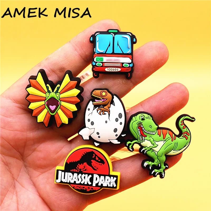 Original 1pcs Dilophosaurus PVC Shoe Charms Accessories Decorations Jurassic Dinosaurs Bus Designer Shoe Clips Buckle Kids Gifts