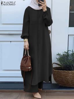 ZANZEA Fashion 2pcs Women Muslim Sets Autumn Long Sleeve Shirt Pants Suits Casual Dubai Turkey Abaya Sets Eid Mubarek Outifits