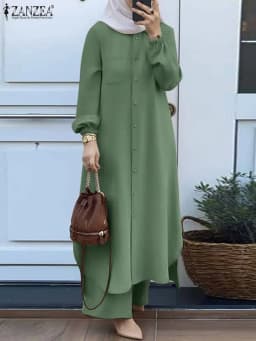 ZANZEA Fashion 2pcs Women Muslim Sets Autumn Long Sleeve Shirt Pants Suits Casual Dubai Turkey Abaya Sets Eid Mubarek Outifits