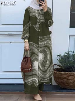 ZANZEA Fashion 2pcs Women Muslim Sets Autumn Long Sleeve Shirt Pants Suits Casual Dubai Turkey Abaya Sets Eid Mubarek Outifits