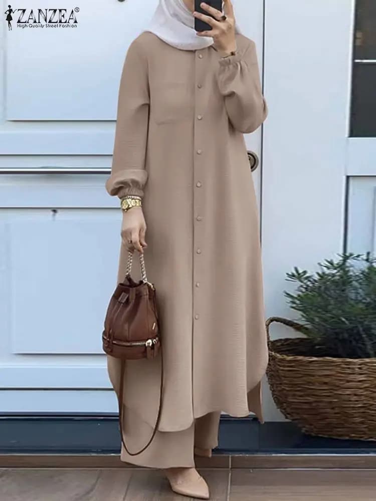 ZANZEA Fashion 2pcs Women Muslim Sets Autumn Long Sleeve Shirt Pants Suits Casual Dubai Turkey Abaya Sets Eid Mubarek Outifits