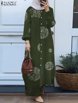 ZANZEA Fashion 2pcs Women Muslim Sets Autumn Long Sleeve Shirt Pants Suits Casual Dubai Turkey Abaya Sets Eid Mubarek Outifits