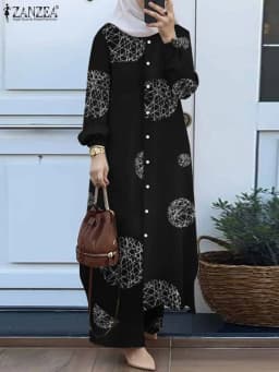 ZANZEA Fashion 2pcs Women Muslim Sets Autumn Long Sleeve Shirt Pants Suits Casual Dubai Turkey Abaya Sets Eid Mubarek Outifits