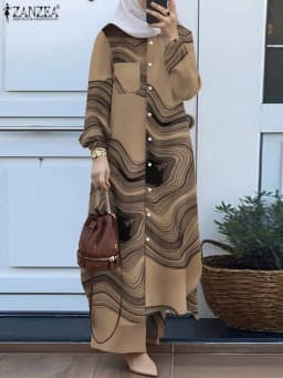 ZANZEA Fashion 2pcs Women Muslim Sets Autumn Long Sleeve Shirt Pants Suits Casual Dubai Turkey Abaya Sets Eid Mubarek Outifits