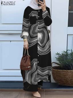 ZANZEA Fashion 2pcs Women Muslim Sets Autumn Long Sleeve Shirt Pants Suits Casual Dubai Turkey Abaya Sets Eid Mubarek Outifits