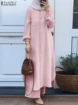 ZANZEA Fashion 2pcs Women Muslim Sets Autumn Long Sleeve Shirt Pants Suits Casual Dubai Turkey Abaya Sets Eid Mubarek Outifits