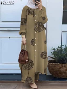 ZANZEA Fashion 2pcs Women Muslim Sets Autumn Long Sleeve Shirt Pants Suits Casual Dubai Turkey Abaya Sets Eid Mubarek Outifits