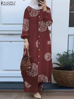 ZANZEA Fashion 2pcs Women Muslim Sets Autumn Long Sleeve Shirt Pants Suits Casual Dubai Turkey Abaya Sets Eid Mubarek Outifits