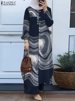 ZANZEA Fashion 2pcs Women Muslim Sets Autumn Long Sleeve Shirt Pants Suits Casual Dubai Turkey Abaya Sets Eid Mubarek Outifits
