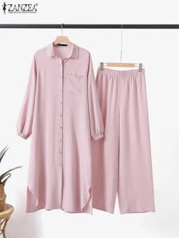 ZANZEA Fashion 2pcs Women Muslim Sets Autumn Long Sleeve Shirt Pants Suits Casual Dubai Turkey Abaya Sets Eid Mubarek Outifits