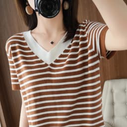 new summer cotton striped short sleeve T shirt women loose versatile T-shirt Korean version half sleeve V collar bottom shirt