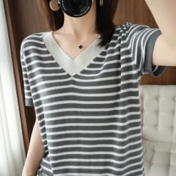 new summer cotton striped short sleeve T shirt women loose versatile T-shirt Korean version half sleeve V collar bottom shirt