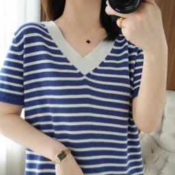 new summer cotton striped short sleeve T shirt women loose versatile T-shirt Korean version half sleeve V collar bottom shirt