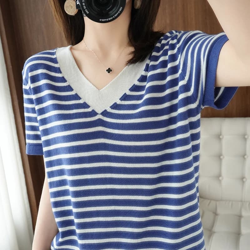 new summer cotton striped short sleeve T shirt women loose versatile T-shirt Korean version half sleeve V collar bottom shirt