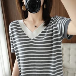 new summer cotton striped short sleeve T shirt women loose versatile T-shirt Korean version half sleeve V collar bottom shirt