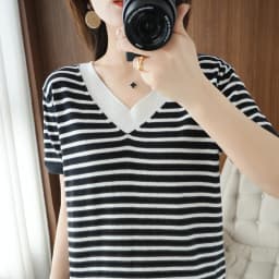 new summer cotton striped short sleeve T shirt women loose versatile T-shirt Korean version half sleeve V collar bottom shirt