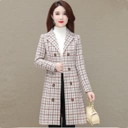 UHYTGF Elegant Winter Coat Womens Quality Casual Autumn Woolen Jacket Female Double Breasted Plaid Outerwear Ladies Abrigos 2143