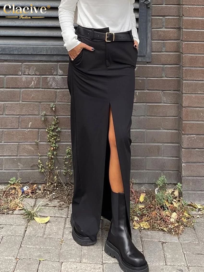 Clacive Fashion Black Office Skirts For Women 2023 Elegant High Waist Slit Long Skirt Faldas Casual Chic Skirt Female Clothing