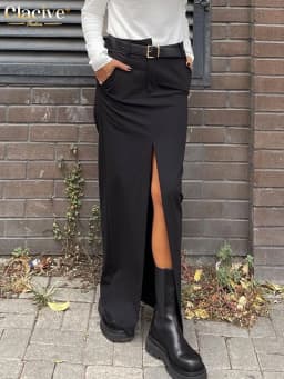 Clacive Fashion Black Office Skirts For Women 2023 Elegant High Waist Slit Long Skirt Faldas Casual Chic Skirt Female Clothing